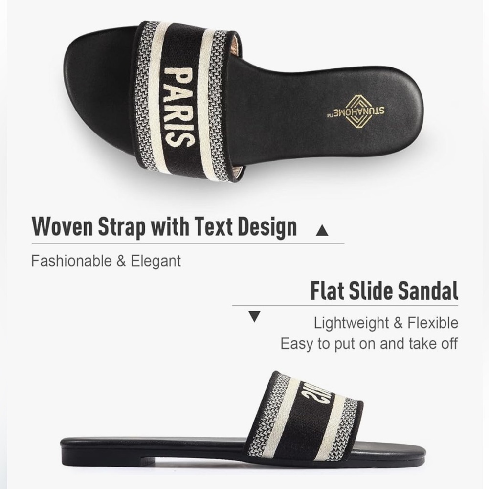 Black & Cream Woven Strap Paris Summer Flats Slides Round Toe BRAND NEW Sz 10 - Picture 8 of 11